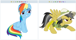 Size: 512x274 | Tagged: safe, derpibooru import, daring do, rainbow dash, pegasus, pony, derpibooru, exploitable meme, juxtaposition, juxtaposition win, meme, meta, smugdash