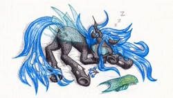 Size: 3000x1688 | Tagged: safe, artist:michiito, queen chrysalis, changeling, changeling queen, cute, cutealis, sleeping, solo, traditional art, zzz