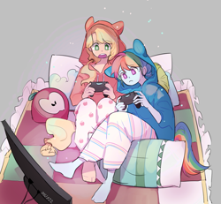 Size: 1111x1028 | Tagged: safe, artist:dusty-munji, applejack, rainbow dash, human, appledash, clothes, controller, dualshock controller, female, freckles, humanized, lesbian, open mouth, pajamas, pillow, playstation 4, shipping, video game