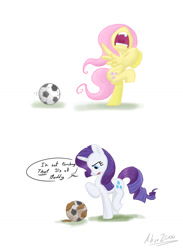 Size: 855x1166 | Tagged: safe, artist:shieltar, fluttershy, rarity, pegasus, pony, unicorn, ball, dialogue, football, simple background, white background