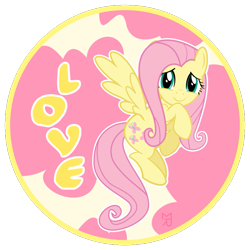 Size: 735x735 | Tagged: safe, artist:zobe, fluttershy, pegasus, pony, abstract background, female, looking at you, love, mare, round, smiling, solo, spread wings, wings