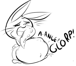 Size: 425x369 | Tagged: safe, artist:senbiku_mew, angel bunny, spike, dragon, rabbit, animal, belly, eaten alive, explicit source, fetish, monochrome, predation, sketch, stomach noise, tail sticking out, vore