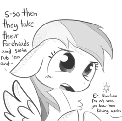 Size: 701x692 | Tagged: safe, artist:tjpones, derpibooru import, rainbow dash, twilight sparkle, pegasus, pony, blushing, cute, dashabetes, dialogue, floppy ears, grayscale, implied twilight sparkle, innocent, monochrome, offscreen character, simple background, solo, white background