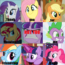 Size: 908x908 | Tagged: safe, derpibooru import, applejack, fluttershy, pinkie pie, rainbow dash, rarity, spike, starlight glimmer, sunset shimmer, twilight sparkle, twilight sparkle (alicorn), alicorn, dragon, earth pony, pegasus, pony, unicorn, drama, hate, mane nine, meme, not you, op is a cuck, op is trying to start shit, starlight drama