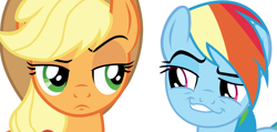 Size: 916x437 | Tagged: safe, derpibooru import, applejack, rainbow dash, earth pony, pegasus, pony, appledash, female, lesbian, shipping, smugdash, unconvinced applejack