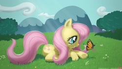 Size: 2200x1238 | Tagged: safe, artist:tavogdl, fluttershy, butterfly, pegasus, pony, crepuscular rays, grass, lying down, meadow, solo