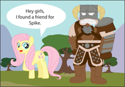 Size: 893x622 | Tagged: safe, artist:t-3000, derpy hooves, fluttershy, human, crossover, dovahkiin, drool, skyrim, the elder scrolls