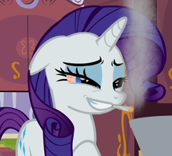 Size: 598x542 | Tagged: safe, edit, edited screencap, screencap, rarity, pony, unicorn, bloodshot eyes, crackity, drugs, exploitable meme, eyeshadow, female, floppy ears, grin, joint, lidded eyes, makeup, mare, marijuana, meme, mouth hold, raised hoof, smiling, smoke, smoking, solo