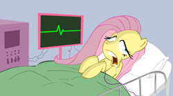 Size: 890x496 | Tagged: safe, fluttershy, pegasus, pony, accident, ask-flutterschiavo, bed, blue background, derp, drool, ekg, electrocardiogram, female, frown, hospital, joke, lidded eyes, mare, on back, open mouth, simple background, solo, tumblr, wat