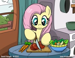 Size: 825x638 | Tagged: safe, artist:latecustomer, fluttershy, pegasus, pony, carrot, cutting, dexterous hooves, female, salad, solo, tomato