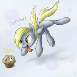 Size: 900x900 | Tagged: safe, artist:rule1of1coldfire, derpy hooves, pegasus, pony, female, mare, muffin, pounce, vulgar