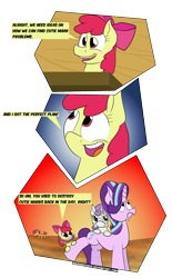 Size: 1051x1690 | Tagged: safe, artist:sneshneeorfa, apple bloom, scootaloo, starlight glimmer, sweetie belle, pony, unicorn, on your marks, comic, cutie mark crusaders, dialogue, faic, unamused