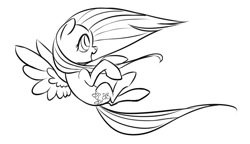 Size: 1398x805 | Tagged: safe, artist:rubrony, fluttershy, pegasus, pony, female, grayscale, lineart, mare, monochrome, open mouth, profile, simple background, solo, spread wings, white background, windswept mane, wings