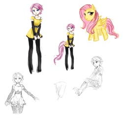 Size: 1500x1500 | Tagged: safe, artist:pas, fluttershy, pony, arm warmers, belt, bra strap, breasts, clothes, delicious flat chest, flattershy, humanized, off shoulder, skinny, tailed humanization