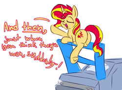 Size: 950x700 | Tagged: safe, artist:heir-of-rick, sunset shimmer, pony, unicorn, car, dialogue, plot, pun, solo, spoiler