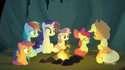 Size: 1920x1080 | Tagged: safe, derpibooru import, screencap, apple bloom, applejack, rainbow dash, rarity, scootaloo, sweetie belle, earth pony, pegasus, pony, unicorn, campfire tales, spoiler:s07, apple bloom's bow, bow, campfire, camping, cave, cute, cutie mark crusaders, discovery family logo, eyes closed, female, filly, fire, hair bow, lighting, mare, sitting