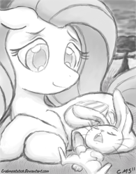 Size: 566x726 | Tagged: safe, artist:crabmeatstick, angel bunny, fluttershy, pegasus, pony, female, mare, sleeping