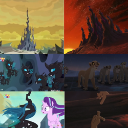 Size: 1000x999 | Tagged: safe, edit, edited screencap, screencap, queen chrysalis, starlight glimmer, big cat, changeling, changeling queen, lion, unicorn, to where and back again, changeling hive, comparison, female, hive, lioness, mare, the lion king