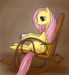 Size: 500x547 | Tagged: safe, artist:el-yeguero, fluttershy, pegasus, pony, chair, coffee, cup, drink, rocking chair, solo