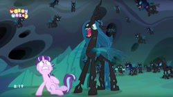 Size: 1657x934 | Tagged: safe, screencap, queen chrysalis, starlight glimmer, thorax, changeling, changeling queen, pony, unicorn, to where and back again, changeling guard, female