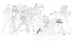 Size: 3000x1711 | Tagged: safe, artist:mono-phos, applejack, fluttershy, pinkie pie, rainbow dash, rarity, spike, sunset shimmer, twilight sparkle, human, belly button, crossover, fire emblem, fire emblem: awakening, humane seven, humane six, humanized, kid icarus, kid icarus: uprising, lucina, mane seven, mane six, metroid, midriff, monochrome, palutena, princess peach, rosalina, samus aran, simple background, super mario bros., super mario galaxy, super smash bros., super smash bros. 4, the legend of zelda, toad (mario bros), white background, wii fit, wii fit trainer