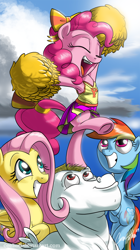 Size: 806x1440 | Tagged: safe, artist:ceehoff, derpibooru import, bulk biceps, fluttershy, pinkie pie, rainbow dash, earth pony, pegasus, pony, rainbow falls, bipedal, cheerleader, cheerleader outfit, cheerleader pinkie, clothes, cute, diapinkes, eyes closed, open mouth, standing, standing on one leg