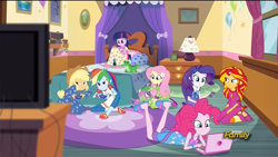 Size: 1920x1080 | Tagged: safe, screencap, applejack, fluttershy, pinkie pie, rainbow dash, rarity, spike, sunset shimmer, twilight sparkle, twilight sparkle (alicorn), alicorn, dog, equestria girls, rainbow rocks, bed, bedroom, clothes, computer, controller, footed sleeper, humane five, humane seven, humane six, laptop computer, lidded eyes, mane seven, mane six, pajamas, phone, pinkie's room, plushie, slippers, slumber party, smartphone, spike the dog, television