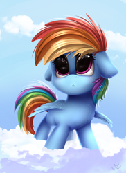 Size: 2550x3509 | Tagged: safe, artist:pridark, derpibooru import, rainbow dash, pegasus, pony, cloud, cute, dashabetes, female, filly, floppy ears, mare, sky, solo, younger