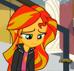 Size: 1103x1051 | Tagged: safe, screencap, sunset shimmer, equestria girls, rainbow rocks, discovery family logo, sad, solo, sunsad shimmer