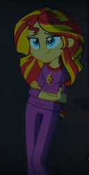 Size: 485x947 | Tagged: safe, screencap, sunset shimmer, equestria girls, rainbow rocks, clothes, leaning, lidded eyes, lowres, pajamas, sleepy, smiling, solo
