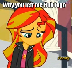 Size: 960x915 | Tagged: safe, screencap, sunset shimmer, equestria girls, rainbow rocks, discovery family logo, hub drama, hub logo, image macro, meme, sad, solo, sunsad shimmer