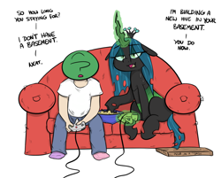 Size: 952x765 | Tagged: safe, artist:shoutingisfun, queen chrysalis, oc, oc:anon, changeling, changeling queen, anon's couch, bowl, clothes, controller, dialogue, eyeshadow, female, floppy ears, food, gamer chrysalis, magic, makeup, male, mismatched socks, nintendo 64, open mouth, pants, pizza, pizza box, popcorn, shirt, simple background, sitting, socks, sofa, telekinesis, video game, white background