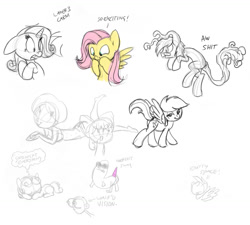 Size: 1280x1154 | Tagged: safe, artist:carnifex, artist:willdrawforfood1, apple bloom, derpy hooves, fluttershy, rarity, sweetie belle, oc, oc:cteno, dickbutt, hornplot, humanized, open canvas, partial color, sketch, vulgar