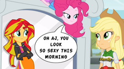 Size: 1278x714 | Tagged: safe, edit, edited screencap, screencap, applejack, pinkie pie, sunset shimmer, equestria girls, rainbow rocks, applepie, bedroom eyes, discovery family logo, female, lesbian, out of context, shipping, text