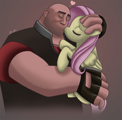 Size: 687x677 | Tagged: safe, artist:zelc-face, fluttershy, human, pegasus, pony, heavy weapons guy, hug, kiss on the cheek, kissing, team fortress 2