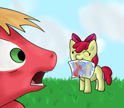 Size: 1500x1300 | Tagged: safe, artist:angelstar7, apple bloom, big macintosh, fluttershy, earth pony, pegasus, pony, apple bloom the shipper, drawing, fluttermac, male, shipper on deck, shipping, stallion, straight