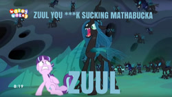 Size: 1657x934 | Tagged: safe, edit, edited screencap, screencap, queen chrysalis, starlight glimmer, thorax, changeling, changeling queen, pony, unicorn, to where and back again, caption, changeling guard, female, ghostbusters, nostalgia critic, vulgar, zuul