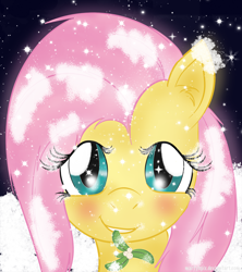 Size: 1500x1691 | Tagged: safe, artist:martybpix, fluttershy, pegasus, pony, blushing, mistletoe, mouth hold, snow, snowfall, solo