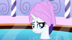 Size: 640x360 | Tagged: safe, screencap, rarity, pony, unicorn, green isn't your color, scrunchy face, spa, towel