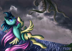 Size: 1241x877 | Tagged: safe, artist:c-puff, fluttershy, wavedancer, pegasus, pony, sea pony, g1, duo, kraken, tentacles