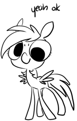 Size: 403x633 | Tagged: safe, artist:php27, derpy hooves, pegasus, pony, black and white, female, grayscale, mare, monochrome, simple background, smiling, solo, spread wings, text, white background, wings