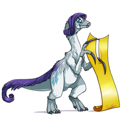 Size: 1280x1340 | Tagged: safe, artist:vertizontal, rarity, dinosaur, claws, cutting, fabric, feathered dinosaur, female, self harm, simple background, solo, species swap, therizinosaurus, tickle chicken, white background