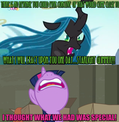 Size: 805x822 | Tagged: safe, edit, edited screencap, screencap, queen chrysalis, twilight sparkle, twilight sparkle (alicorn), alicorn, changeling, changeling queen, pony, the saddle row review, to where and back again, dumped (spongebob squarepants), female, heartbreak, image macro, meme, spongebob squarepants