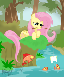 Size: 2100x2530 | Tagged: safe, artist:killryde, fluttershy, fish, pegasus, pony, bread, feeding, food, high res, mouth hold, rod, solo