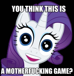 Size: 585x600 | Tagged: safe, rarity, pony, unicorn, image macro, nightmare fuel, overly attached girlfriend, reaction image, vulgar