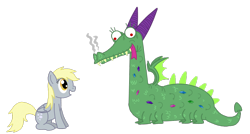 Size: 1194x639 | Tagged: safe, artist:cuttycommando, crackle, derpy hooves, dragon, pegasus, pony, female, mare