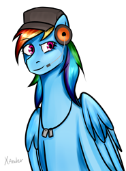 Size: 1140x1540 | Tagged: safe, artist:xanderserb, derpibooru import, rainbow dash, pegasus, pony, crossover, dog tags, female, hat, headphones, mare, my little fortress, scout, solo, team fortress 2