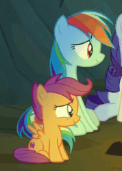 Size: 420x590 | Tagged: safe, derpibooru import, screencap, rainbow dash, rarity, scootaloo, pegasus, pony, unicorn, campfire tales, spoiler:s07, animated, camping, cave, cropped, cute, cutealoo, female, filly, gif, mare, sitting