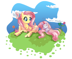 Size: 1608x1316 | Tagged: safe, artist:pauuhanthothecat, angel bunny, fluttershy, butterfly, pegasus, pony, female, flower, happy, mare, prone