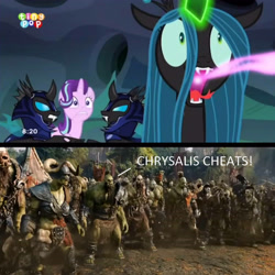 Size: 3900x3900 | Tagged: safe, edit, edited screencap, screencap, queen chrysalis, starlight glimmer, changeling, changeling queen, pony, unicorn, to where and back again, changeling feeding, changeling guard, female, image macro, meme, warcraft, warcraft movie